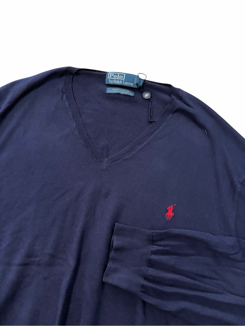 VTG NWOT Polo Ralph Lauren Pima Cotton Sweater Pullover Mens 2XL V Neck Navy